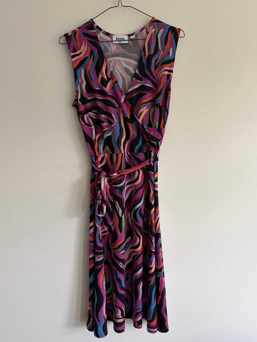 Leota Multicolor Wrap Midi Dress - Purple, Pink, Blue Swirl Print